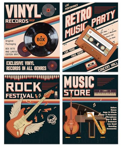 SUPERDANT 4 x Vintage Musikposter Wandcollage Set Gemälde Bild Schallplatten Tonband Musikalische Wanddrucke Retro Poster Für Wohnzimmer Schlafzimmer Küche Arbeitszimmer Wanddekoration Ungerahmt