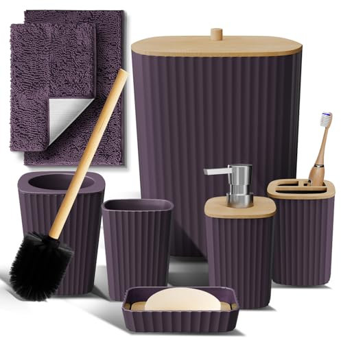 Clara Clark Badezimmer-Set – Lila Badezimmer-Zubehör-Set, 6-teiliges Badezimmer-Zubehör-Set, Badezimmer-Sets mit Badezimmerteppichen, WC-Bürste, Mülleimer und Seifenspender