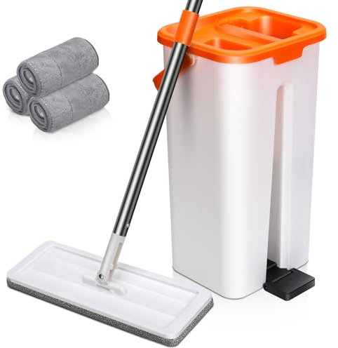 MASTERTOP Juego de Fregona Mopa con Cubo Escurridor Fregona Autoescurrible Mopas con 3 Almohadillas Microfibra para Limpiar Azulejos Paredes (Blanco+Naranja)