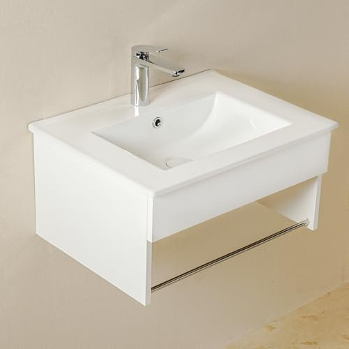 NUESTRA VIDA Mueble Baño con Lavabo Encastrado, Conjunto de Mueble de Baño 60cm con Toallero, Aglomerado, Mueble MONTADO Moderno, Medidas: 61x45,5x31,3 cm, Sin Grifo (Blanco)