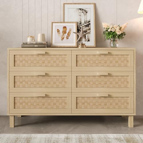 Merax Buffet en Bois Commode élégante en Bois Naturel avec 6 tiroirs en rotin – Meuble de Rangement Polyvalent – Meuble TV ou Rangement pour Salon, Chambre et Salle à Manger – 120 x 75 x 40 cm