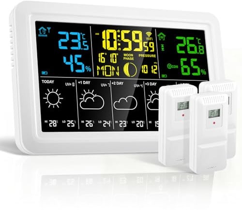 Wetterstation Wlan, 7.5 Wetterstation mit 3 Außensensor Tuya App Wetterstationen Kaufen DCF Empfangssignal Funkuhr Innen Außen Thermometer Funkwetterstation Wettervorhersage Luftdruckmessung