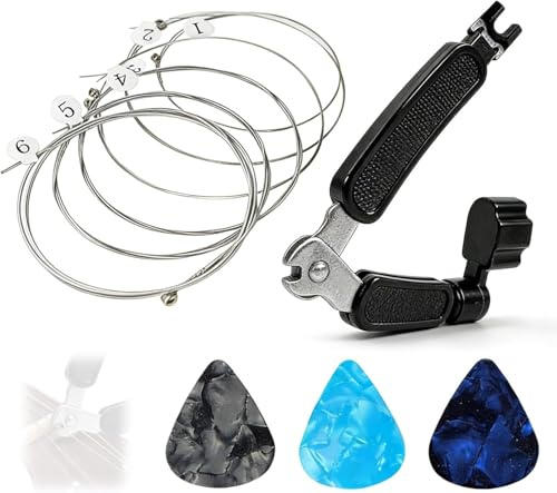 Nevoluxer Jeu de 6 cordes de guitare classique en nylon avec revêtement argenté pour guitare de concert, guitare folk et guitare acoustique avec 3 médiators et outil 3 en 1