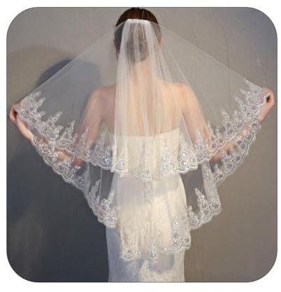 Yalice Pailletten-Brautschleier, Hochzeitsschleier, kurze Fingerspitzenlänge, zweistöckig/2T, Spitze, Brautschleier, Glitzer, weicher Tüllschleier mit Kamm, Weiss/opulenter Garten, Einheitsgröße