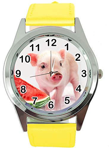 TAPORT® Armbanduhr Analog Quarz mit Echtlederband gelb rund für Ferkel Babe Fans