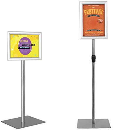 DREAMADE Präsentationsständer A4, Werbeständer Plakatständer Poster Ständer, Ständer mit Poster Rahmen und Schild, Infoständer höheverstellbar und schwenkbar (Silver)