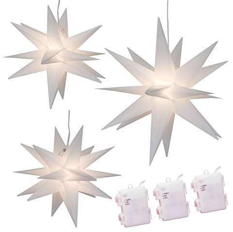 Gartenpirat Weihnachtsbeleuchtung außen/innen – Weihnachtsdeko Beleuchtung – Set aus 3 Faltsternen mit Batteriefach und Timer – Ø 25/25/35 cm – Weiß – Für eine magische Weihnachtszeit