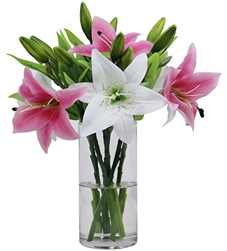 6 Fiore di Giglio Artificiale Bianco e Rosa, Giglio Finto a Stelo Corto per Bouquet da Sposa fai da te, Decorazione da tavolo per l'ufficio, Decorazione Floreale per il Bagno