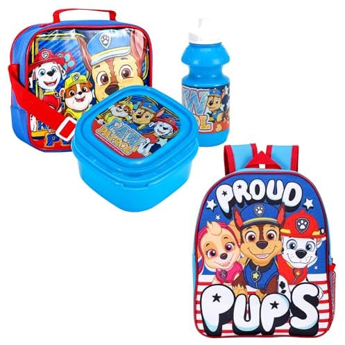 Boys Paw Patrol 4 Piece Set - Kids Lunch Bags for Boys - Includes Paw Patrol Backpack With Side Pocket, Insulated Boys Lunch Bag, Sports Bottle & Sandwich Container - Great Back to School Set, Toddler