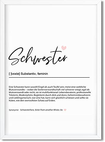 Urhome Kunstdruck Definition Schwester mit Bilderrahmen Weiß in DIN A4 - Worterklärung wie im Duden Lexikon Wandbild Wanddeko mit Spruch Holz Rahmen für Wohnung Familie Freunde Geschenk