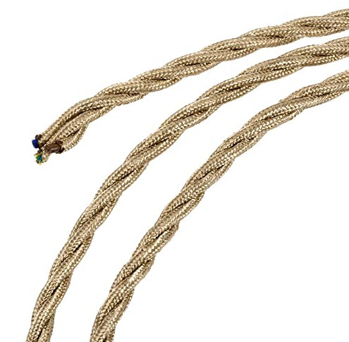 sourcing map Cable eléctrico de tela trenzada de 3 núcleos 18 AWG, 3 metros/9.8 pies, tela tejida vintage para proyectos de bricolaje de luz colgante, oro claro