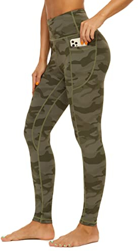 AMYTIS Damen Sport Leggings Yogahose High Waist mit Taschen Fitness Stretch Blickdicht Lang Gym Handytasche, Camouflage Army Green, M