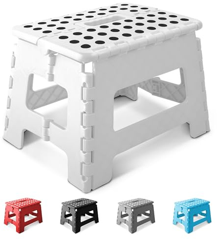 KEPLIN 9 Inch Heavy Duty Folding Step Stool | Non-Slip Foldable Footstool for Toddlers, Children & Adults | Portable, Lightweight Plastic Footstep w/Carrying Handle for Indoor or Outdoor (White)