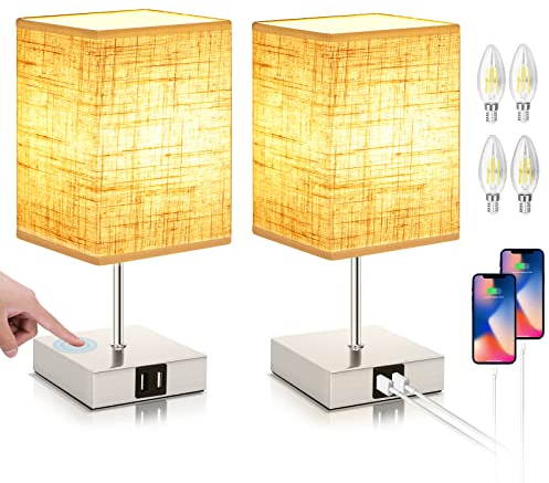 Nachttischlampe Touch Dimmbar 2er Set Tischlampe Kinder mit 2 USB Anschluss 3 Helligkeitsstufen Einstellbar E14 Nachttischlampen für Wohnzimmer Schlafzimmer Babyzimmer Warmweißem, 4 Glühbirnen