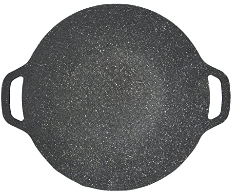 Koreanische Grillpfanne, Koreanische Grillpfanne, Schwarz, Gebogene Form, Geriffelte Textur, Doppelgriffe für Camping (34cm)