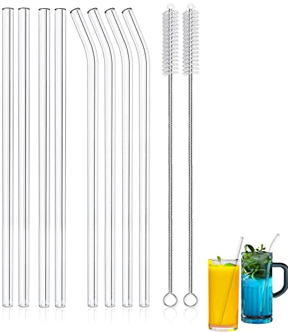 8Pcs Reusable Glass Straws, Clear Bent & Straight Drinking Straws for Smoothie Milkshake Cocktail Cold Drinks