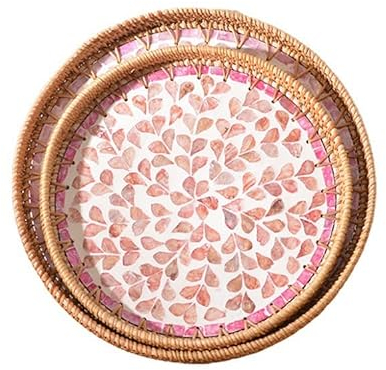 HRTC Rattan Shell Tablett Aufbewahrungskorb Obst Tee Set Snacks Teller Pink Disc Melone Candy Seed Tisch Abendessen Serviertablett Geschenk schön