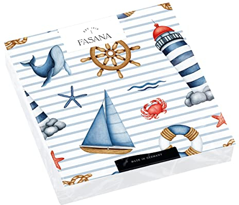 20 Servietten Symbole der See auf blauen Streifen | Steuerrad | Leuchtturm | Maritim | Sommer | Tischdeko | Decoupage | Serviettentechnik 33x33cm