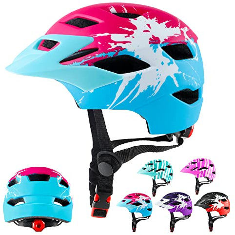 RaMokey Kids Helmet, Kids Bike Helmet for Boys Girls Age 3-15, Light Weight Cycling Helmet Mountain Bicycle Helmet with Taillight Adjustable Dial Removable Visor(48-56CM) (Pink+Red)
