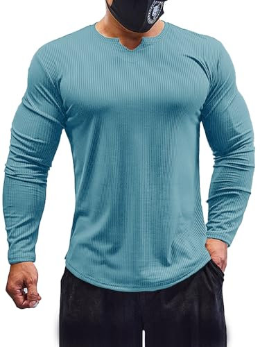 Muhshoiy Men's Slim Fit Muscle Shirt V Neck Short & Long Sleeve Sport T-Shirt Underwear Casual Tee Stretch Solid Athletic Shirts/Blue/L