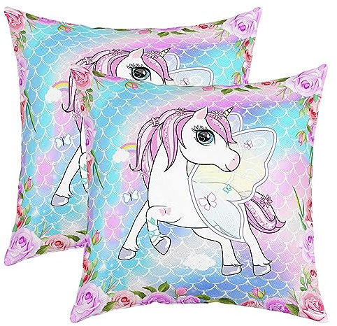 Girly Einhorn Kissenbezüge 60x60,Aquarell Verlaufsstreifen Rosa Blumen Reversible Wurf Kissenbezüge Cases, Regenbogen Waagen Träumendezimmer Dekor Quadratische Kissenbezüge für Schlafzimmer Set von 2