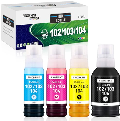 SINOPRINT 104 Tinte Kompatibel für 102 104 Multipack Tintenflasche für ET-2870 ET-4800 ET-2856 ET-4810 ET-2862 ET-2810 ET-2820 ET-2811 ET-2812 ET-2814 ET-2815 ET-2821 ET-2710 ET-2711, 4 Pack