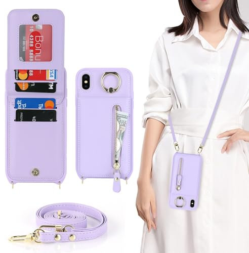 Zouzt for iPhone Xs Max Case with Cord and Card Holde, Zipper Wallet Case with Crossbody Lanyard Ring Adjustable Necklace Protective Cover Women for iPhone Xs Max 6.5 Inch - Purple