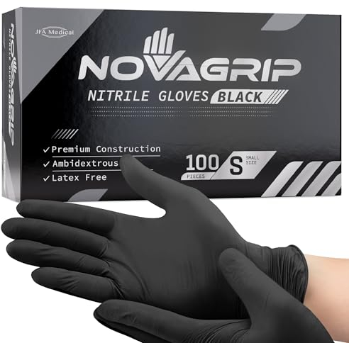 Novagrip JFA Medical Disposable Mechanic, Tattooist, Tattoo Powder Free Latex Free Black Nitrile Gloves - Box of 100 (Small)