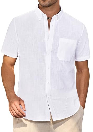 J.VER Men's White Linen Shirts Short Sleeve Button Down Regular Fit Solid Shirt Shrink Free Lightweight Casual Summer Holiday Beath Shirts with Pocket M