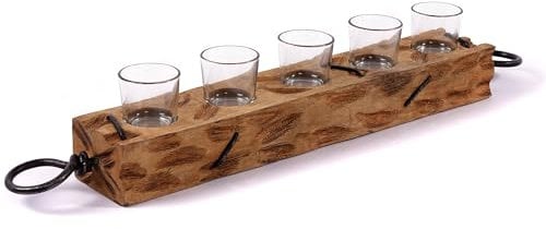 TEELICHT Halter Burnt I | 70cm, 5 Gläser, Mangoholz | rustikaler Kerzenhalter, Kerzenständer, Holz Kerzenboad, Tischdeko, Teelichtständer, Windlicht Platte