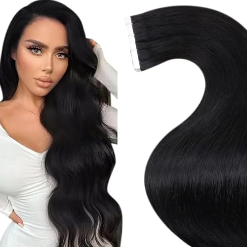 LaaVoo Tape Extensions Echthaar Schwarz 45cm Tape in Extensions Echthaar für Party Lang Extensions Echthaar Tape Skin Weft Haarverlängerung Echthaar Tapes Extensions Glatt 50g 20PCS #1 45cm