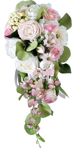 Fouriding Hochzeit Sträuße, Wasser Tropfen Wasserfall Braut künstliche Blumen Braut Rosen Strauß für Zeremonie Jahrestag Braut Dusche Party Hochzeit Dekoration Sträuße (Rosa Grün)