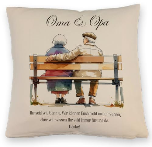 speecheese Oma und Opa auf Bank Kissen mit Leinenoptik Rückansicht Sitzende Großmutter Großvater Gemütlich Sitzen auf Ruhebank Oma und Opa Hinten Anschauend