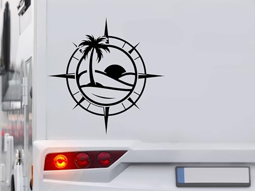 KLEBEKÖNIG Kompass Aufkleber - Palme Sonne Sommer Strand - Wohnmobil Wohnwagen Camping Autoaufkleber Reisen Van Bus Dekor Caravan Wohnanhänger Camper