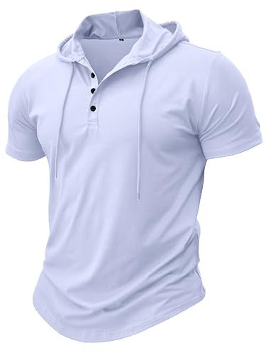 MakingDa Athletic Short Sleeve Hoodie Men Fashion Workout Gym Pullover Hooded Shirt Button Muscle Fit Summer Sweatshirt Lightweight Hip Hop Running Boxing Hiking Sport Hoodys Shirts White L