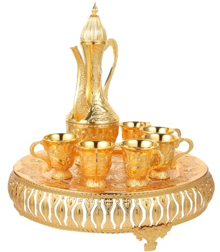Turkish Tea Set, Vintage Turkish Coffee Pot and Cups Set Teapot Tea Service Set Including 6 Metal Cups and Tea Tray for Tea Table Decor Wedding