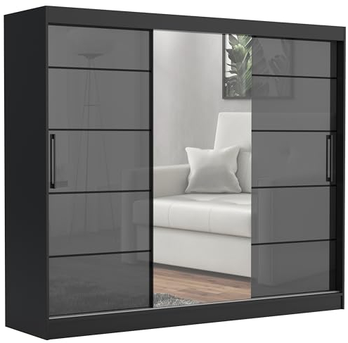 Brent - Kleiderschrank mit Spiegel und Schubladen 235cm Breit Chelsea Tomy, Schwebetürenschrank mit Spiegel, Schlafzimmerschrank, Kleiderschrank Schwarz Matt/Grau Hochglanz
