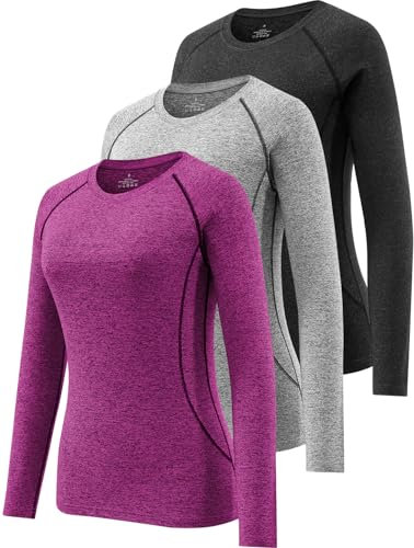 Ullnoy 3 Pack Women's Long Sleeve Gym Tops Quick Dry Workout Running T Shirt Breathable Yoga Sports Crew Neck Thermal Undershirt Black/Grey/Rose M