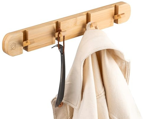 eluno Hakenleiste aus Bambus im natürlichen Design, platzsparende Garderobenleiste mit 4 einklappbaren Haken, ideal für Jacken, Hüte, Taschen und Handtücher, zum Kleben mit 3M Kleber oder zum Bohren