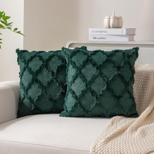 Ci & Ci 2er Set Boho Deko Kissenbezug 50x50 cm, Dunkelgrün Kissen Sofakissen Dekokissen Zierkissen, Flauschig Kissenbezüge Kissenhülle für Sofa Couch