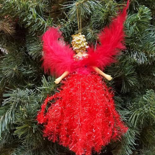 Engel Weihnachtsbaumspitze, Weihnachtsfee, hängendes Weihnachtsengel-Ornament, Puppe, Weihnachtsbaum Dekoration mit Flügeln aus Federn für Zuhause, Rot