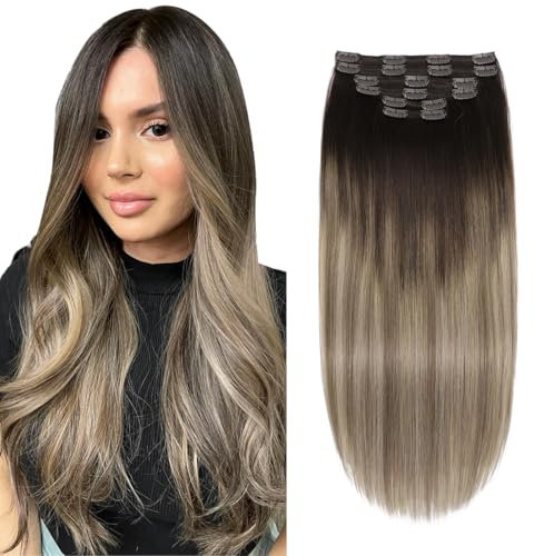 XDhair Clip in Extensions Echthaar,45cm Echthaar Extensions Clip Braun Ombre Blond Balayage Menschliches Haar 120g Echthaar Clips in Extensions (#2/6/18-18 Zoll)