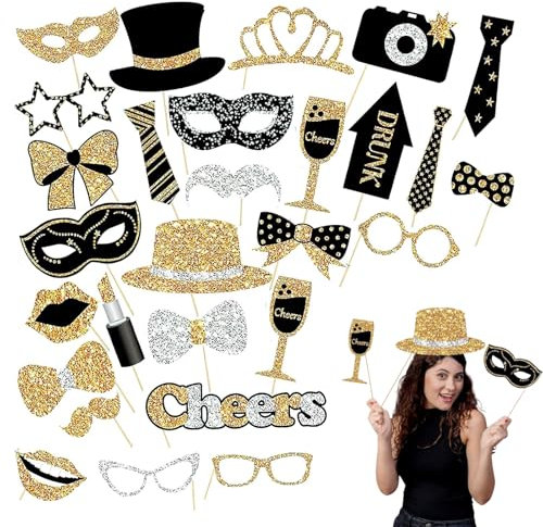 DERJDISF Partyspaß Ausrüstung - 30 Stück Foto-Requisiten, Silvester Deko & Party Accessoires, Ideal für Geburtstage, Hochzeiten und Fotobox-Requisiten