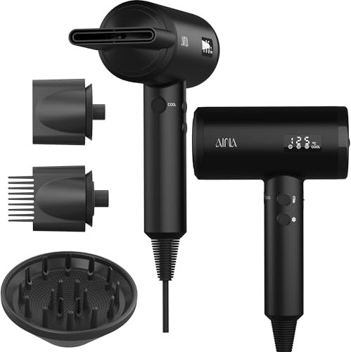 AINA Professioneller Salon-Haartrockner,2300W Föhn mit Diffusor-Bürstenkamm für Frauen-BLDC-Haartrockner-Bürstenloser Motor 150.000 U/min,Ionic,LED-Anzeige,4 magnetische Aufsätze(Schwarz)