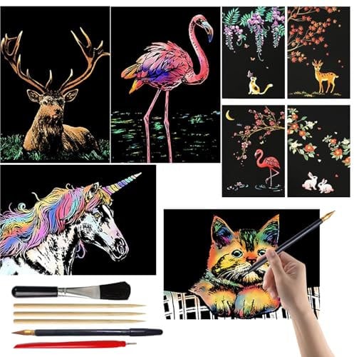 XOKL 8 Stück Kratzbilder, Regenbogen-Kratznotizen mit Kratzwerkzeug-Set Sanfte Tier-Serie Regenbogen-Kratzkunst für Erwachsene und Kinder (A4/A5 Größe)