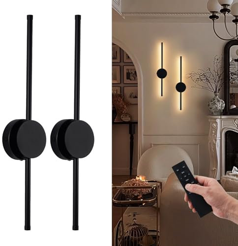 LIT AMPO Rechargeable Battery Operated Wall Sconce Set of 2, LED Cordless Wall Lamp with Remote Timer, Dimmable 3-Color Accent Lights for Dining Living Room, Bedroom, Hallway, Bathroom, Doorway, Black