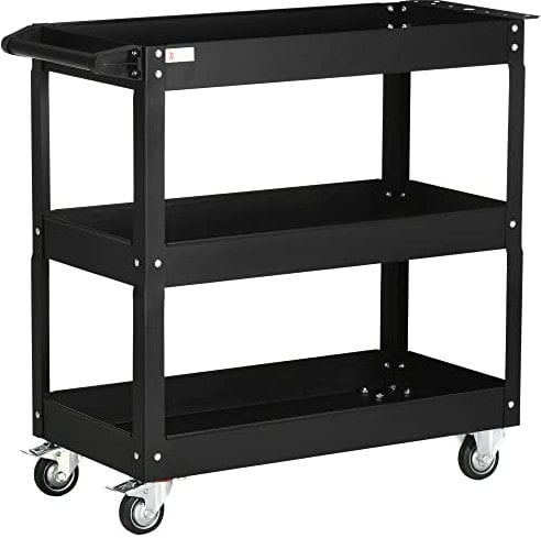 DURHAND Werkstattwagen mit 3 Etagen, Werkzeugwagen leer, Transportwagen mit seitlicher Griff, 4 Rollen, bis 150 kg Tragkraft, Stahl, 83 x 35,3 x 76 cm, Schwarz