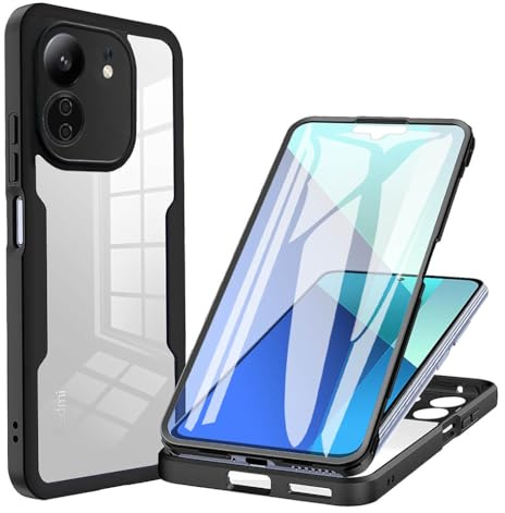 SEAHAI Transparent Hülle für Xiaomi Redmi 13C 4G / Poco C65, mit Eingebautem Displayschutz, 360° Ganzkörper Rüstung Silikon TPU Bumper Stoßfest Handyhülle Schutzhülle. Schwarz