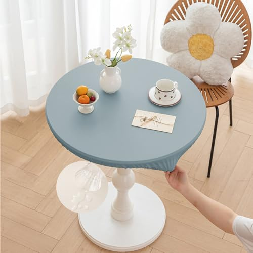 Morbuy Rund Tischdecke Outdoor PU-Leder Wasserdicht Tischdecken Abwaschbar Elastisch Küchentisch Tischtuch für Garten Draussen Dekoration (Blau,Tisch Durchmesser 90cm)