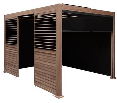 Metal Pergola 3m x 3m Wood Effect With 3 Retractable Mesh Blinds 2 x Louvre Side Panels & LED Lights Tilting Canopy Roof Aluminium Outdoor Garden Gazebo Sun Shelter Tools & Ground Bolts Included